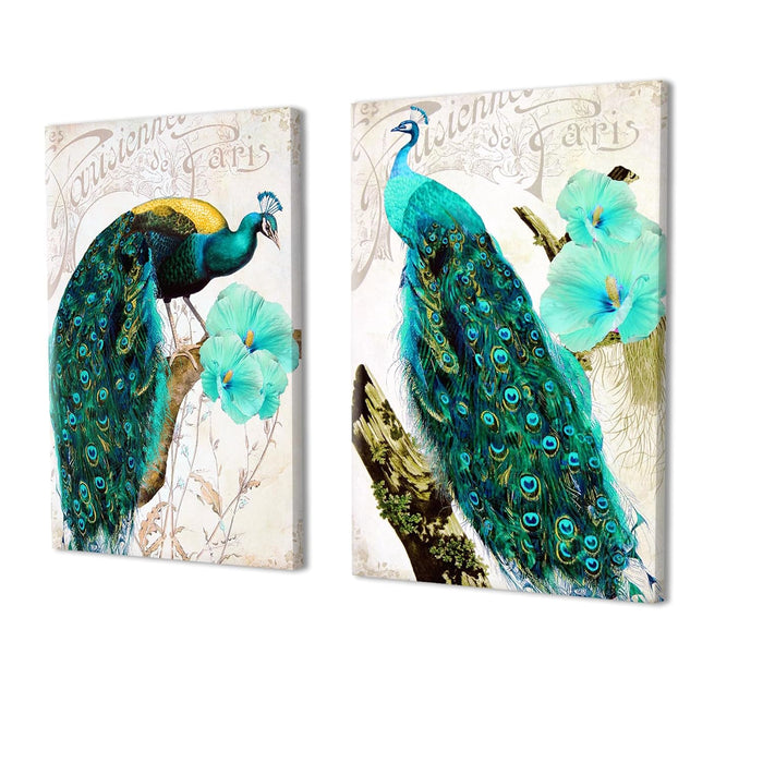 Art Street Stretched Canvas Painting Beautiful Peacock Print For Living Room Decoration (Set of 2, Size: 16x22 Inch)