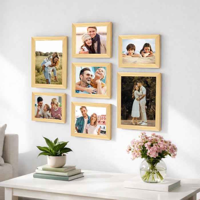Family Photo Frame Set of 7 for Wall Decor, Wooden Finish Collage Picture Frames for Living Room, Bedroom, Multi-Size Wall Hanging Gallery Frame Set, (2 Sets 5x7, 3 Set 6x8, 2 Set 8x10 Inch)