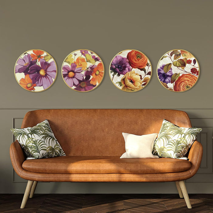 Purple & Orange Flowers Round Wall Art Painting for Living Room Decoration, Circular Gold Metal Finish Stylish Large Wall Art Print (12x12 Inches)