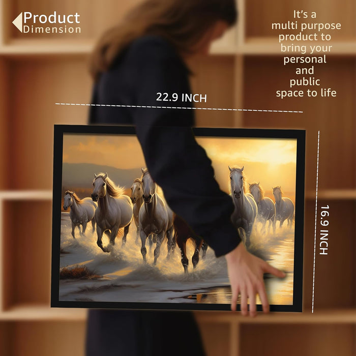Abstract Wall Art Eight Running Horses Vastu Feng Shui Multicolor | Digital Painting Framed with Engineered Wood Frame (17x23 Inch)