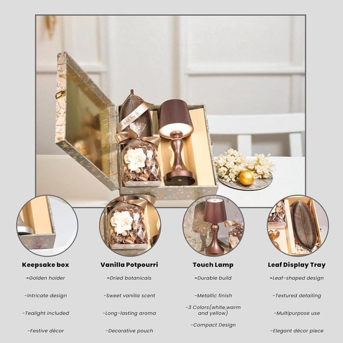 Diwali Gift Hamper Box with Table Lamp, Vanilla Scent Potpourri and Tray, Friends and Relatives (Pack of 3)