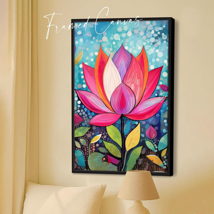 Abstract Multicolor Folk Art of Lotus Floral Stretched Canvas Painting with Frame – Wall Art – Framed Canvas Wall Décor (23x35 Inch)