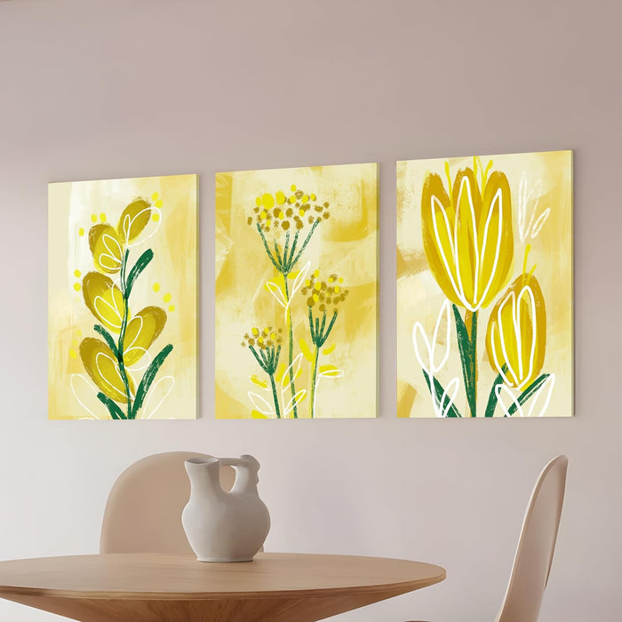 Art Street Stretched on Frame Modern Art Canvas Wall Art Painting Yellow Tulip Floral Still Life With Spring Leaves Wall Decor For Home, Bedroom, Office Decoration (Set Of 3, 12x16 Inch)