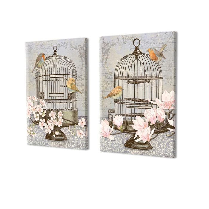 Art Street Floral Stretched Canvas Painting Bird Theme With Cage Print For Living Room Decoration (Set of 2, Size: 16x22 Inch)