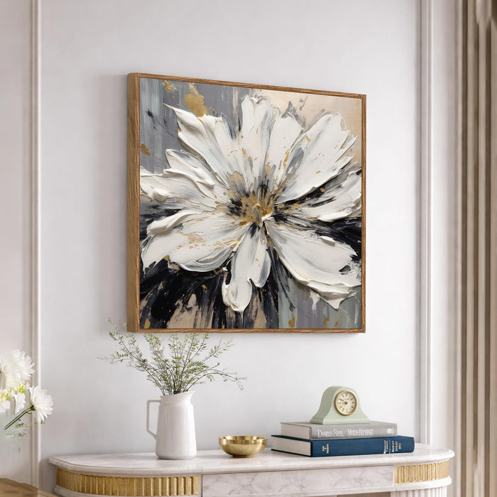 Abstract White Flower Framed Painting For Living Room | Modern Impasto Floral Large Canvas Painting With Frame Wall Art For Bedroom, Hallway's, Office, Hotel, Size 58x58 cm