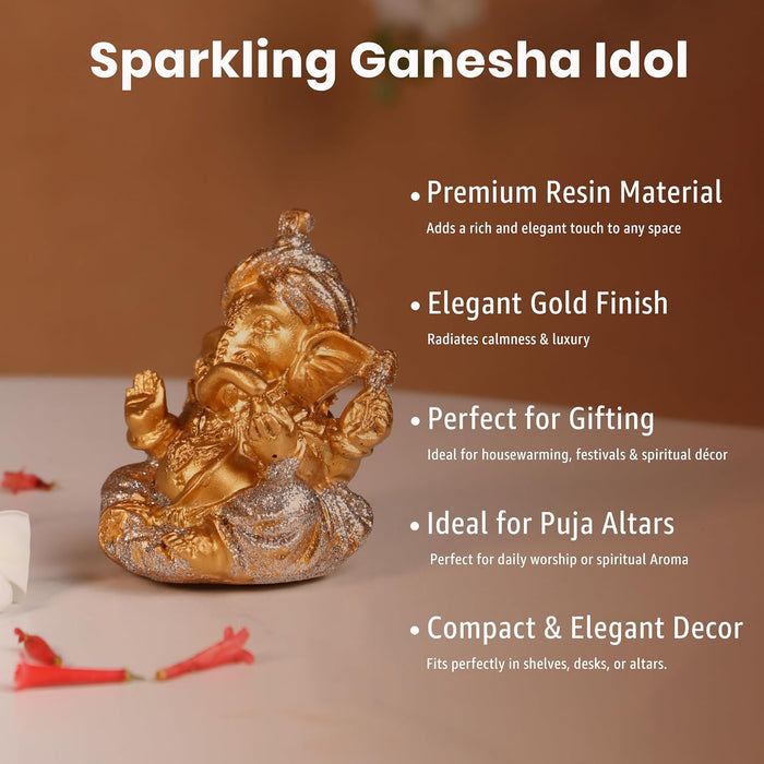 Ganesh Ji Idol for Car Dashboard Home Pooja Golden Ganesha Murti for Gift Mandir Altars Ganesh Ji Idols for Car Golden Sparkling Lord Ganesha Statue for Home Resin Idol Height - 8 cm