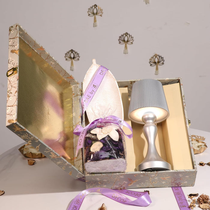 Diwali Gift Hamper Box with Table Lamp, Vanilla Scent Potpourri and Tray, Friends and Relatives (Pack of 3)