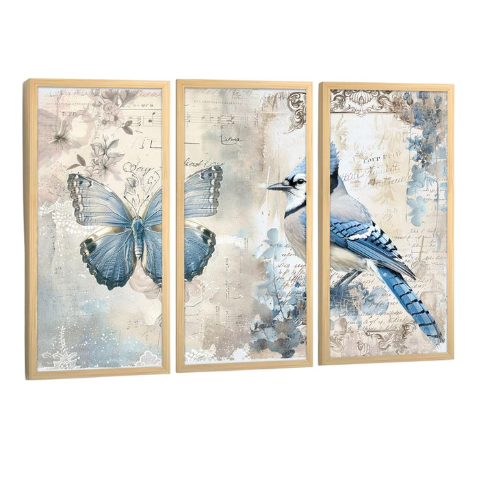 Butterfly and Hummingbird Floral Dictionary Wall Painting for Home, Engineered Wood Frame Large Wall Art (Set of 3, 8x18 Inch)