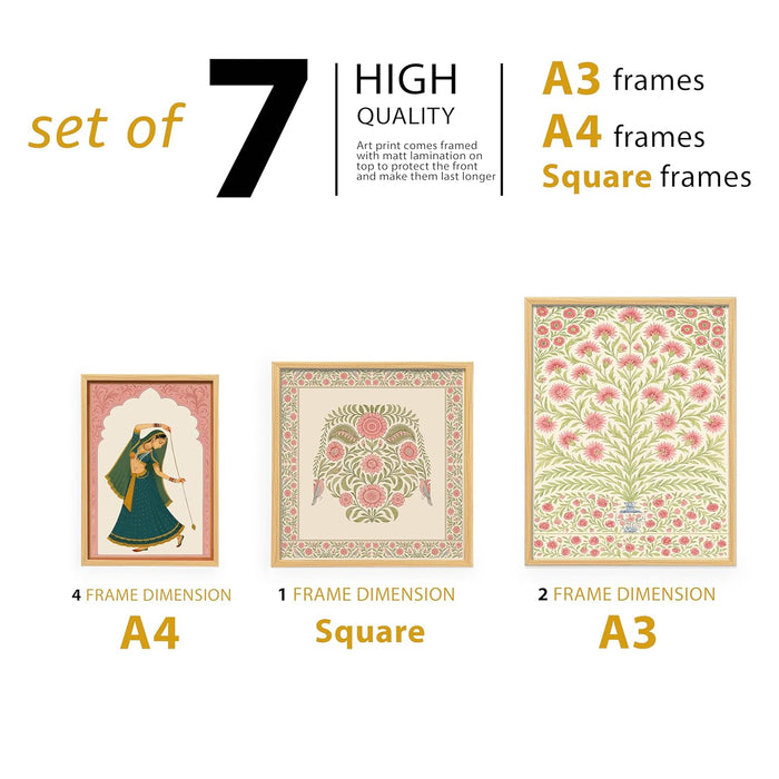 Womens Floral Indian Folk Art Wall Art Print Paintings, set of 7 | Digital Framed Painting 30x42, 21x30, 30x30 cm