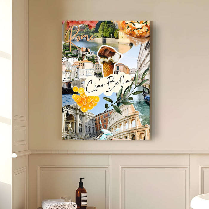 Rome Landmarks Collage Mixed Media Canvas Wall Painting | Travel pop art Canvas Wall Painting For Home and Office Wall Décor (41x56 cm)