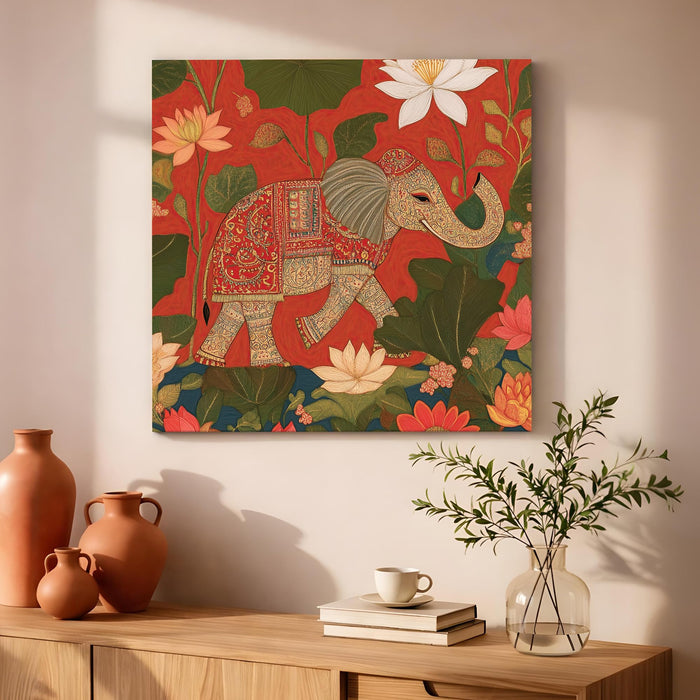 Elephant Vastu Art Stretched Canvas Painting For Living Room | Floral Madhubani Wall Art Large Canvas Painting For Livingroom Home Decor, Bedroom, Hallway's, Office, Hotel - 86x86 cm