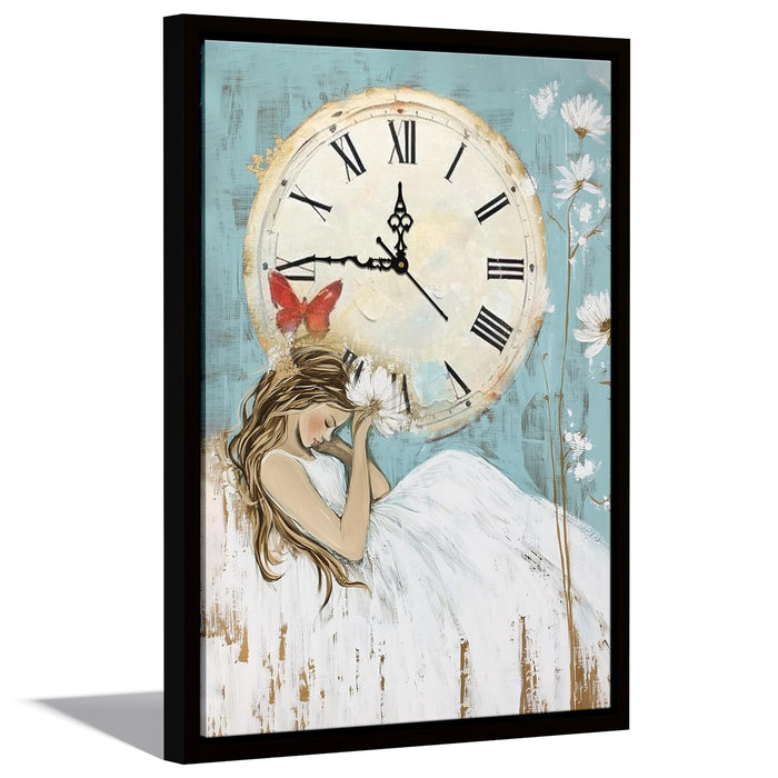 Portrait Abstract Dreamlike Girl Multicolor Framed Canvas wall art With Clock | Painting with clock, 43x58 cm