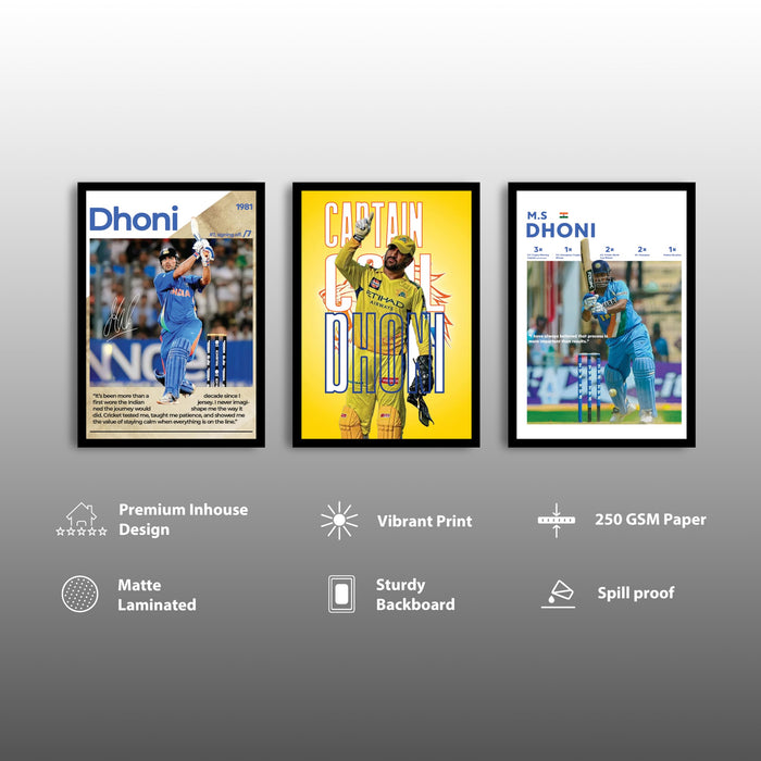 MS Dhoni Framed Wall Poster | Captain Cool Indian Cricket Legend | Premium Wall Art for Home, Office & Sports Room For Home Decor (13.9 Inch x 17.6 Inch, Set of 3