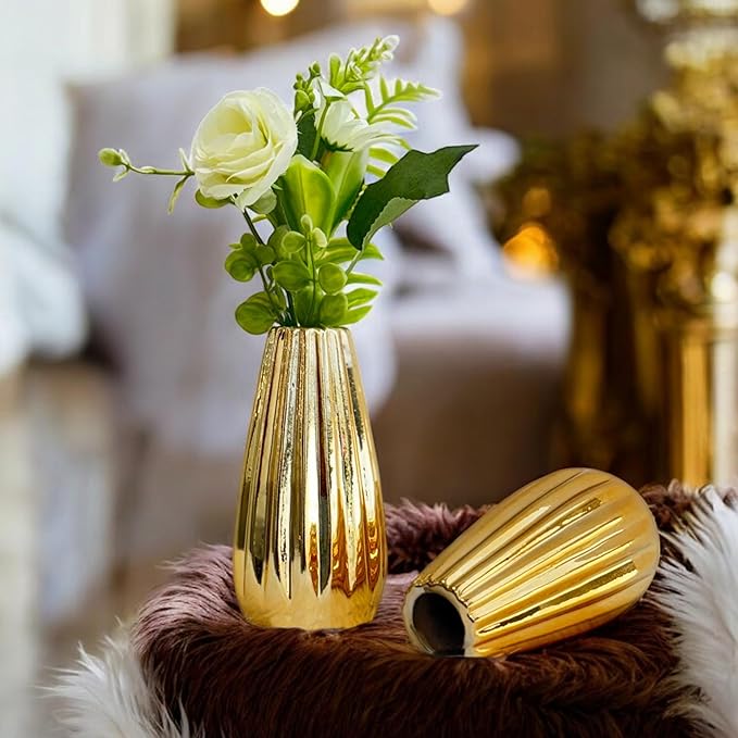Ceramic Flower Vase, Golden (2.5x5 Inch), Vases for Fake Flowers, Flowers Not Included