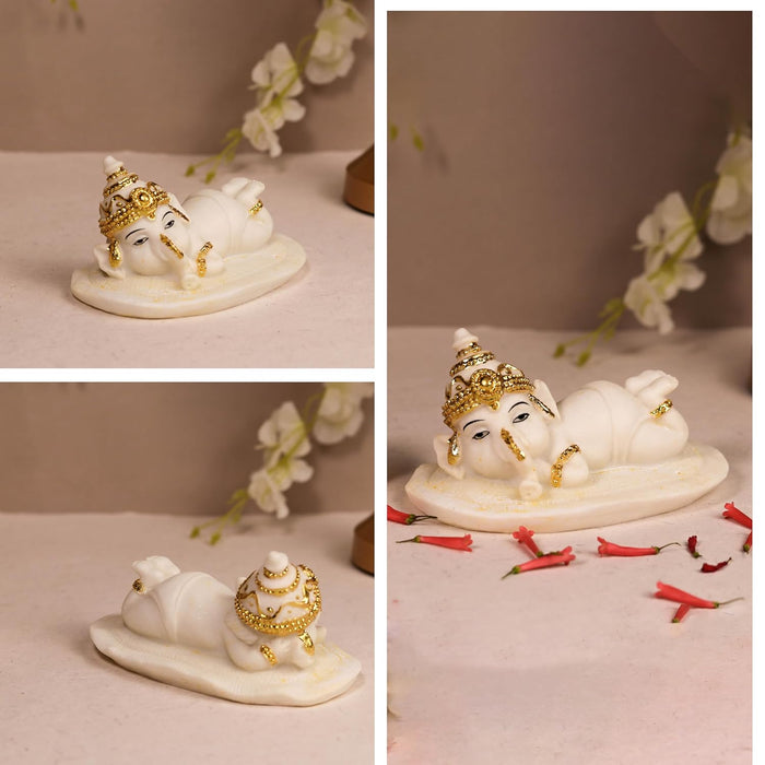 Resting Ganesha Statue Showpiece Idol, Crafted from Marble Finish Resting Ganesha Murti (White, 7x13 cm)