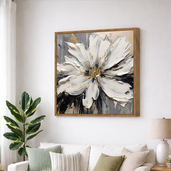 Abstract White Flower Framed Painting For Living Room | Modern Impasto Floral Large Canvas Painting With Frame Wall Art For Bedroom, Hallway's, Office, Hotel, Size 58x58 cm