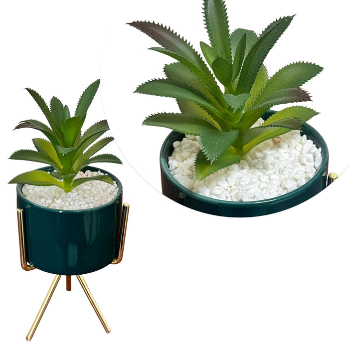 Ceramic Potted Vase Planter with Golden Metal Stand for Table Top (Green, Size: 3x5 Inch)