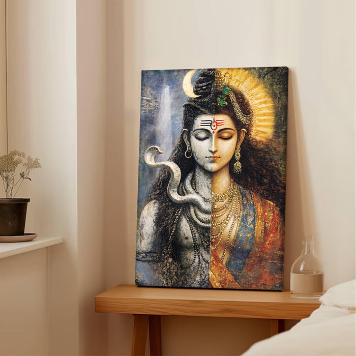 Abstact Art Shiv Parvati as Divine Ardhnarishwar Wall Decor Print | Canvas Painting Stretched on Wood | Suits For Mandeer (16x22 Inch)