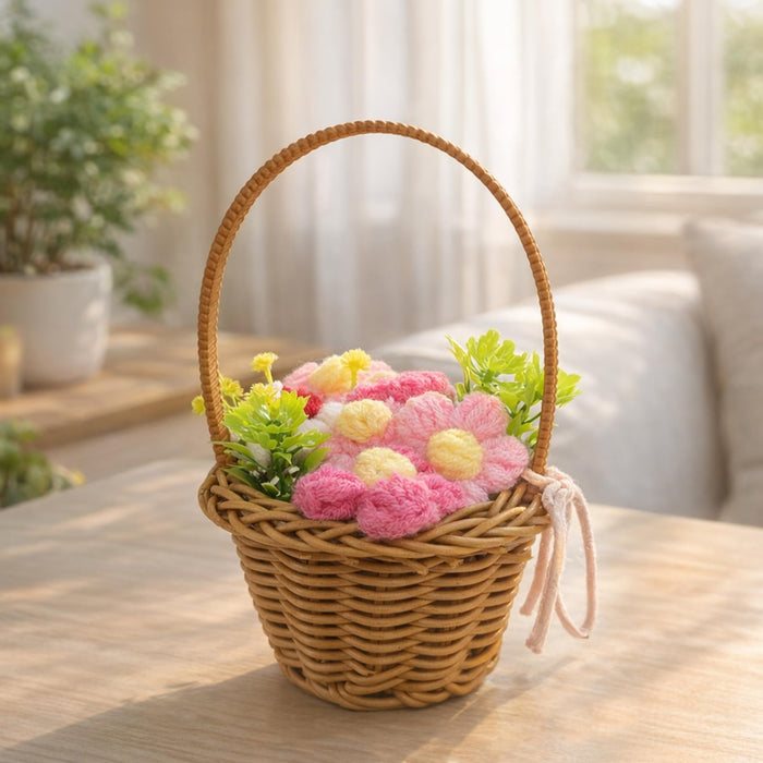 Art Street Handcrafted Crochet Flower Basket with Wicker Handle Decorative Table Accent, Artificial Flower Arrangement Gift Basket for Home Decor, Desk Styling, Shelf Decoration & Festive Gifting