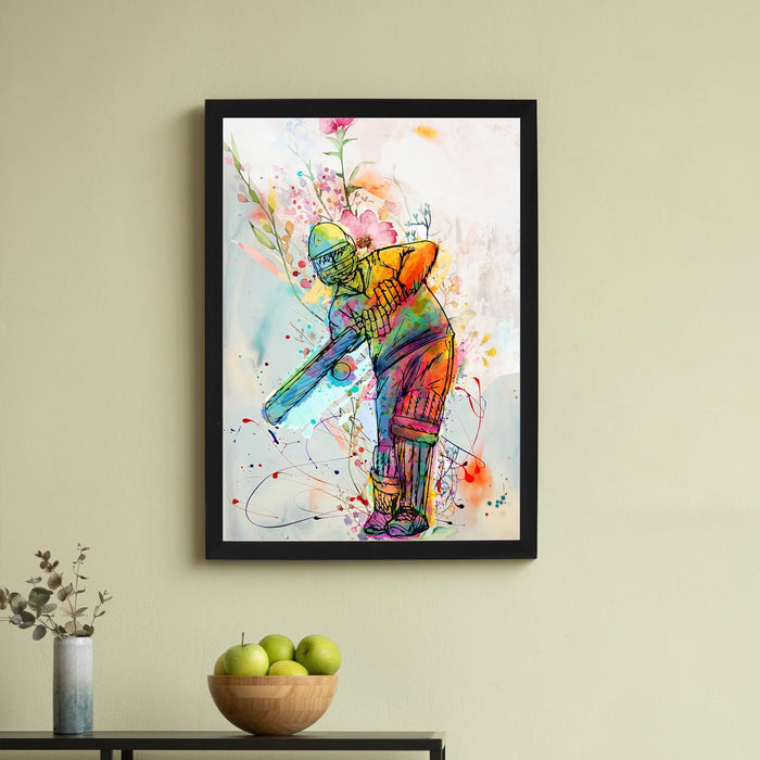 Art Street Cricket Batsman in Action Sports Framed Wall Hanging Poster for Home Decor, Living Room, Hotel and Office Decorative, (12.7x17.5 Inch)