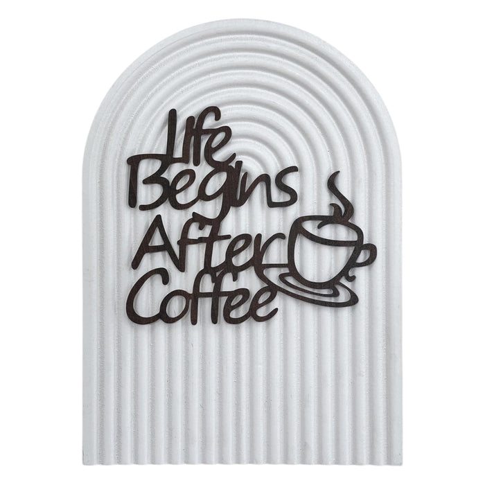Art Street Wooden Boho Wall Art with Quote Real Wood Arched Base with Brown MDF Cutout Life Begins After Coffee Boho Bedroom & Living Room Décor 22x31 cm