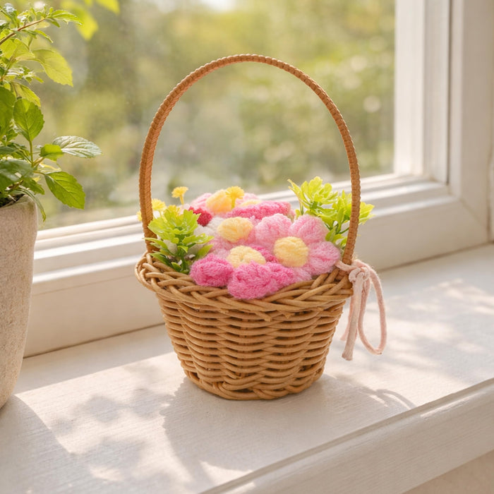 Art Street Handcrafted Crochet Flower Basket with Wicker Handle Decorative Table Accent, Artificial Flower Arrangement Gift Basket for Home Decor, Desk Styling, Shelf Decoration & Festive Gifting