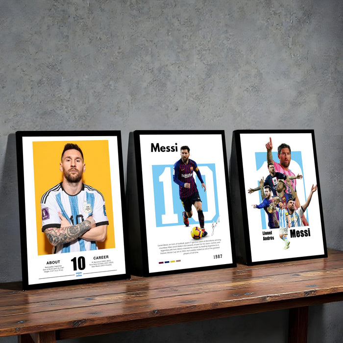 Lionel Messi Soccer Player Sports Painting With Frame for living room, Football Player Framed Wall Art Painting for Home Decor Set of 3, Size 13.6 by 17.9 Inch