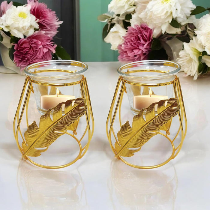 Metal Diwali Tealight Holder with Glass Leaf Decorative Crystal Puja Dia for Mandir (Pack of 2, Gold, 10x8x9 Cm)