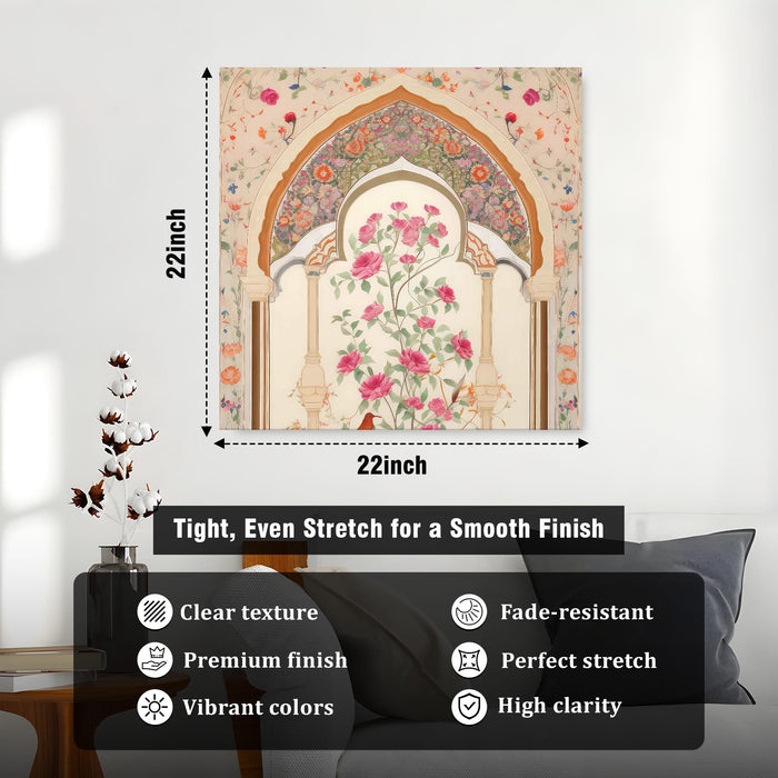 Indian Mughal Wall Art Painting For Living Room, Modern Miniature Style Stretched Canvas Wall Art Poster, Floral Peacock Motif Painting for Living Room, Office & Home Decor (56xx56 cm)