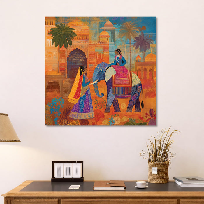 Indian Ethnic Elephant Stretched Canvas Painting For Living Room | Rajasthani Miniature Wall Art Large Canvas Painting For Livingroom Home Decor, Bedroom, Hallway's, Office, Hotel - 86x86 cm