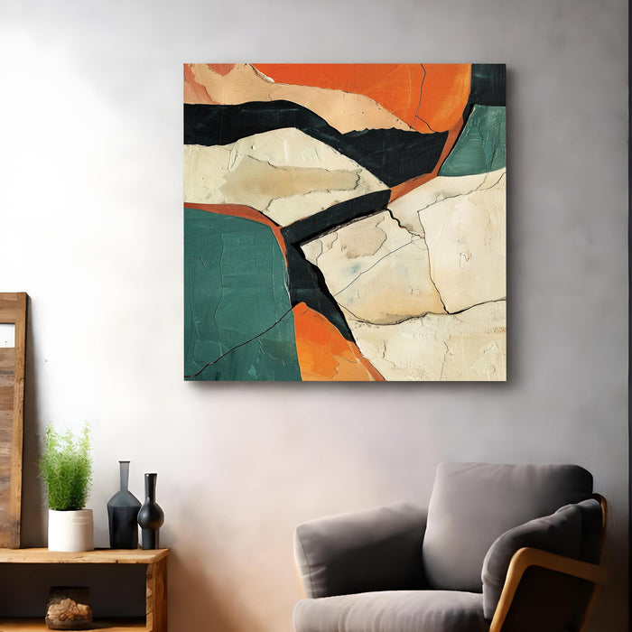 Abstract Modern Geometric Stretched Canvas Wall Art Painting for Living Room, Textured Earthy Poster, Minimalist Overlapping Shapes in Burnt Orange & Teal for Office Decor (56xx56 cm)