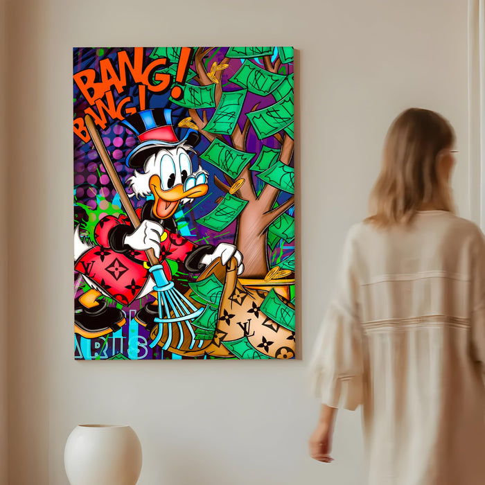 Bang Bang Hustle Pop Art Stretched Canvas Painting Print | Money Tree Street Art Wall Décor | Bold Motivational Artwork for Modern Home & Office, 56x86 cm