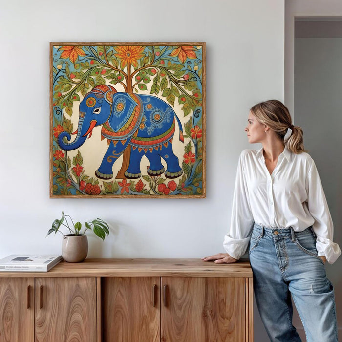 Madhubani Elephant Folk Framed Painting For Living Room | Mithila Botanical Large Canvas Painting With Frame Wall Art For Bedroom, Hallway's, Office, Hotel, Size 58x58 cm