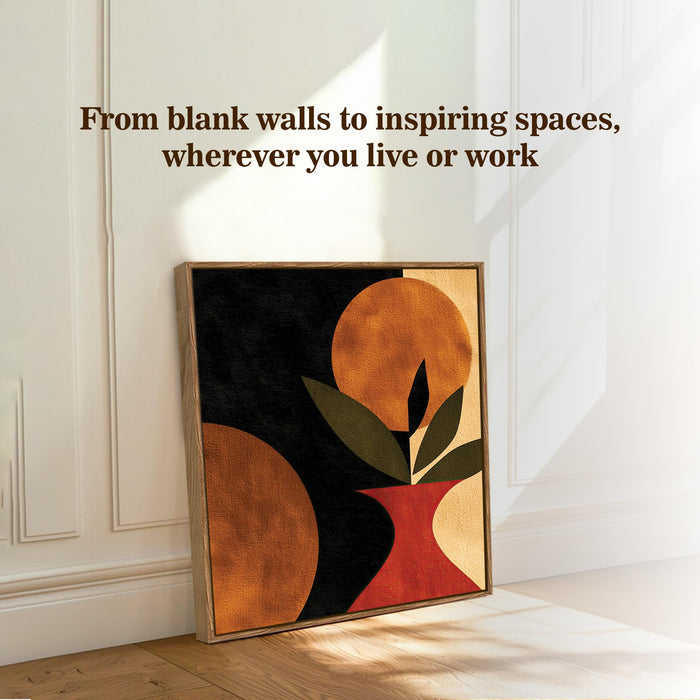 Boho Vase Botanical Framed Painting For Living Room | Abstract Plant and Sun Large Canvas Painting With Frame Wall Art For Bedroom, Hallway's, Office, Hotel, Size 58x58 cm