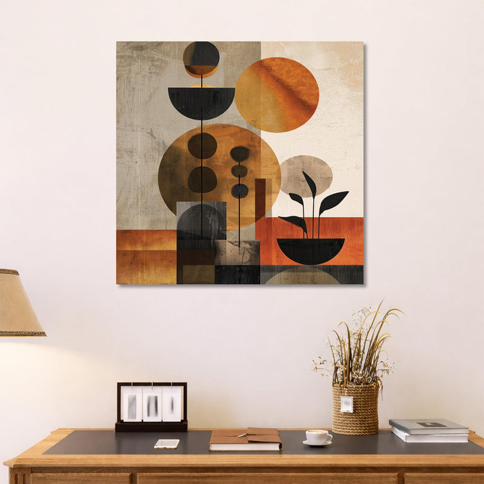 Abstract Sphered Leaf Stretched Canvas Wall Art Painting For Living Room, Modern Minimalist Geometric Painting, Earthy Orange & Brown Botanical Home Decor for Living Room & Office (56xx56 cm)