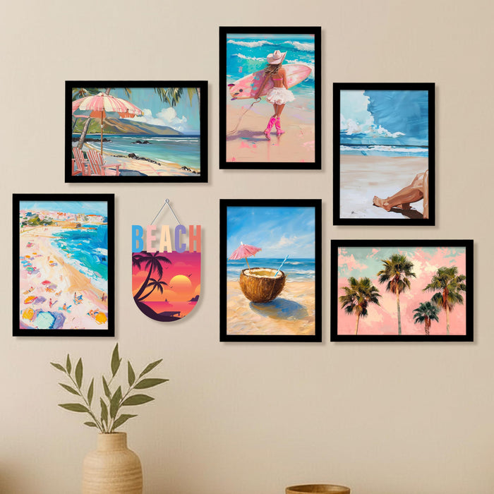 PAINTINGMANTRA Beach Theme Framed Wall Art Set of 7 (1 MDF wall Hanging) – Coastal Ocean Prints, Palm Trees & Summer Vibes | Modern Framed Paintings for Living Room, Bedroom, Home Decor, 9x13 Inch