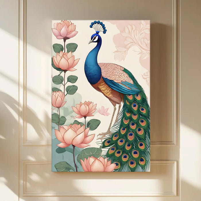 Abstract Stretched Canvas Multicolor Wall Art Painting Lotus and Peacock Abstract Beautiful Wall D̩cor in Pink, Green and Blue ‰ÛÒ 22x34 Inch