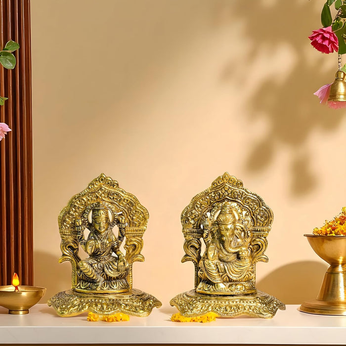 Metal Lakshmi and Ganesha Idols Set for Pooja Room Traditional Brass Finished Idol, Deepawali Decoration for Home, Lakshmi Ganesh Brass Finished Idol for Temple 12x13 cm