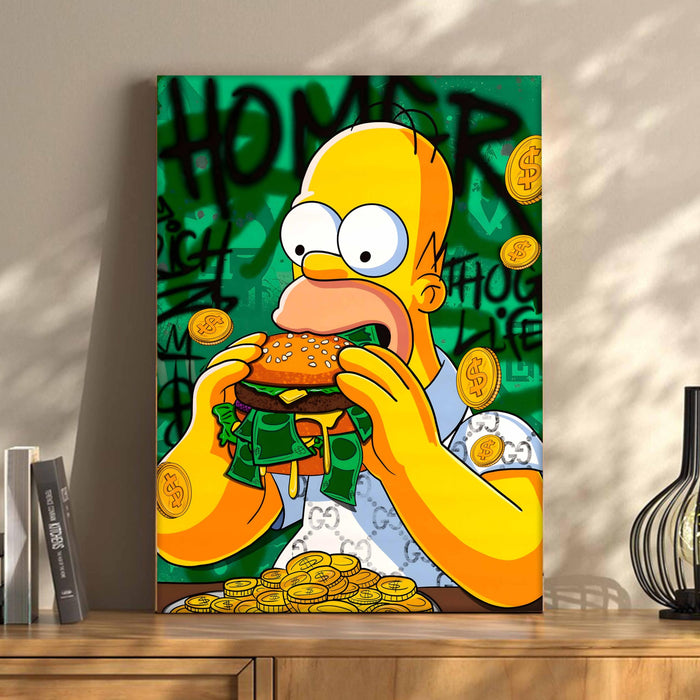 Funny Money Burger Pop Art Stretched Canvas Painting Print| Cartoon Style Graffiti Wall Art | Modern Humorous Artwork for Home, Café & Office Décor, 41x56 cm