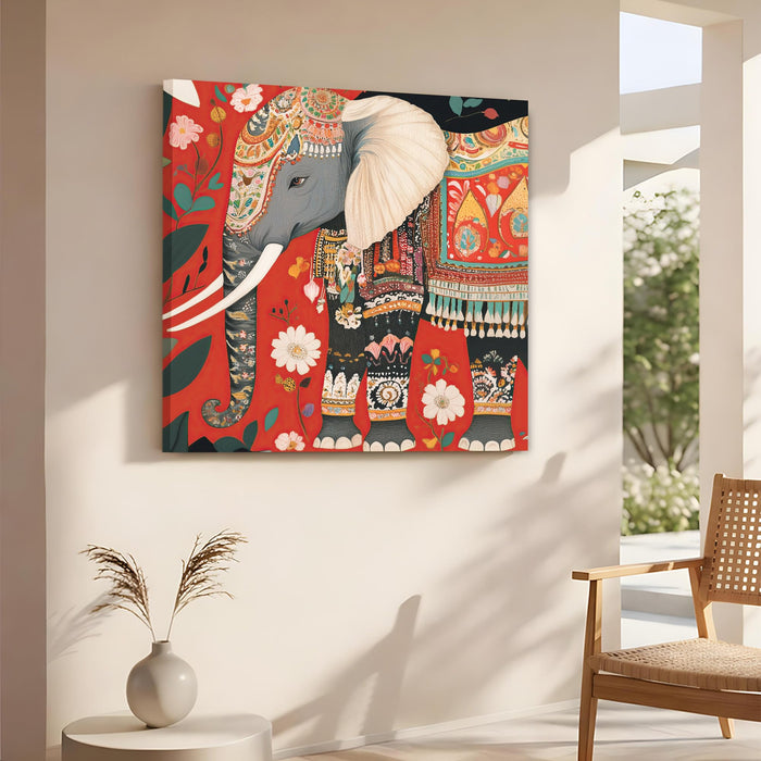 Royal Indian Elephant & Floral Garden Wall Art Painting For Living Room, Traditional Rajasthani Folk Stretched Canvas Painting, Modern Ethnic Mughal Decor for Living Room, Office & Home (56xx56 cm)