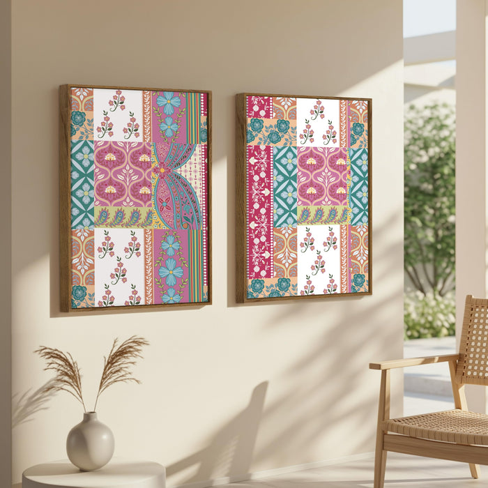 Mughal Flower Pattern Canvas Painting Indian Large Wall Art Painting for Living Room Decoration, Stylish Large Wall Art Print for Wall Decor (Set of 2, 58x89 cm)