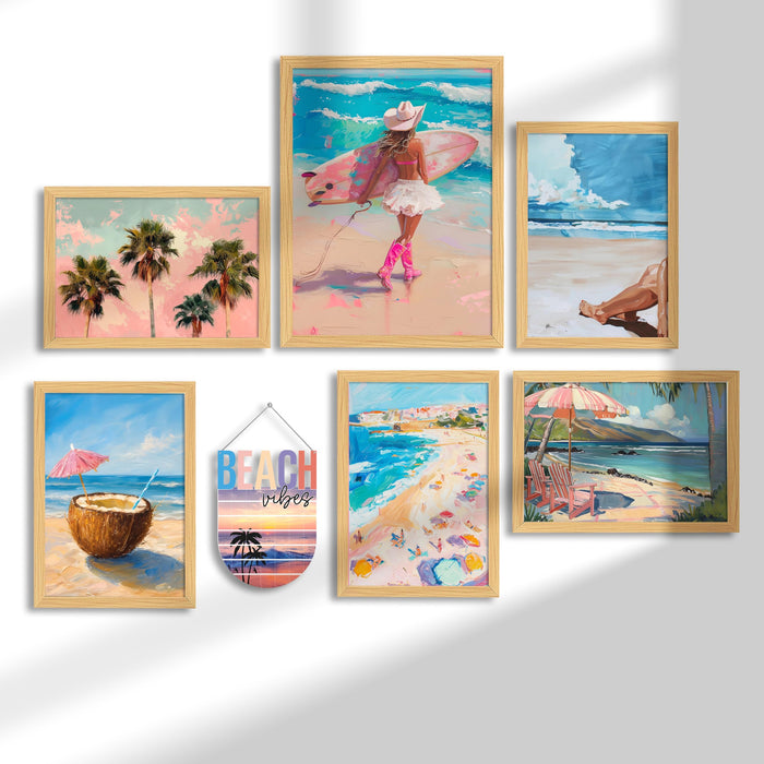 Set of 7 Summer Beach Theme Gallery Framed Wall Art Print, Coastal Cowgirl Vintage Wall Posters (Size: 1 MDF, 9.3x12.7 & 12.7x17.5 Inch)