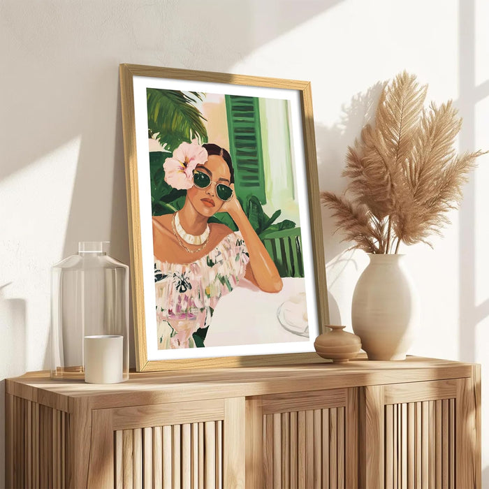 Boho Vintage Women in Cafe Portrait Wall Painting, Bohemian Large Wall Art Painting (16.9x22.9 Inches)