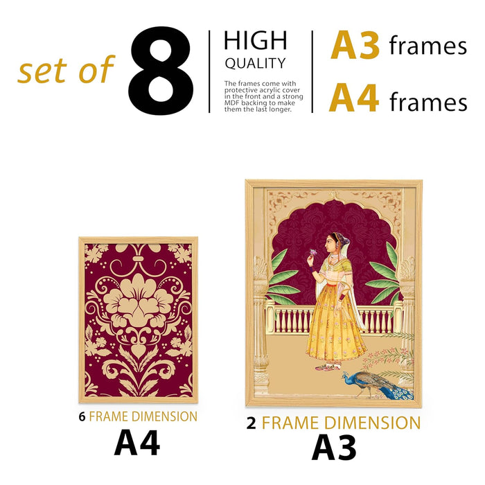 Art Street Set of 8 Indian Folk Wall Art Royal Prince with Queen Palace Painting For Home (Size: 9.3x12.7 & 12.7x17.5 Inch)