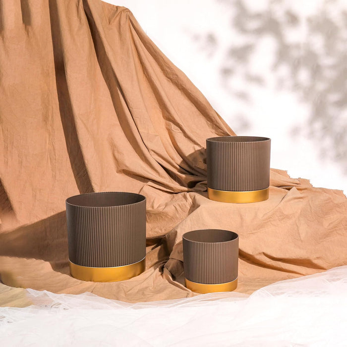 Plant Pot Pack Planter Pot Pack of 3 for Home Decor Brown Copper Indoor Outdoor with Vertical Embossed Ribbed Pattern Perfect 26x29, 21.5x24 and 17x18.5 cm