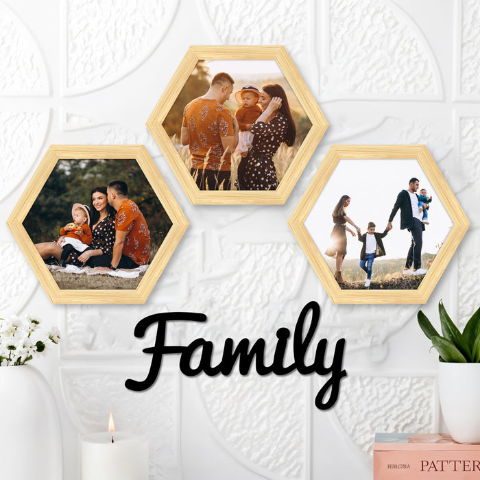 Hexagon Wall Photo/Picture Frame Set of 3, and 'Family' Word MDF Cutout (Size 10x9.2 Inch)