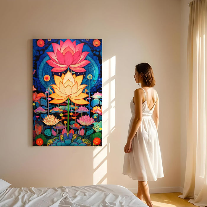 Abstract Multicolor Aesthetic Lotus Painting with Frame, Framed Canvas Paintings Stretched Canvas Wall Art  22x34 Inch
