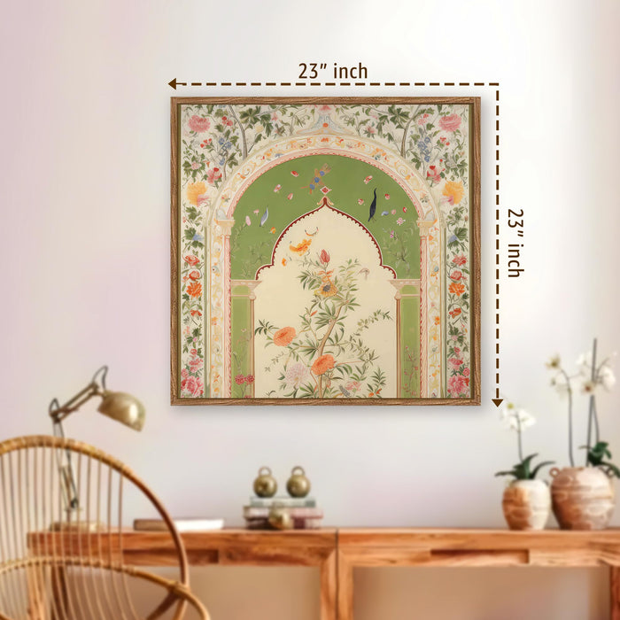 Floral Jharokha Framed Painting For Living Room | Traditional Madhubani Large Canvas Painting With Frame Wall Art For Bedroom, Hallway's, Office, Hotel, Size 58x58 cm