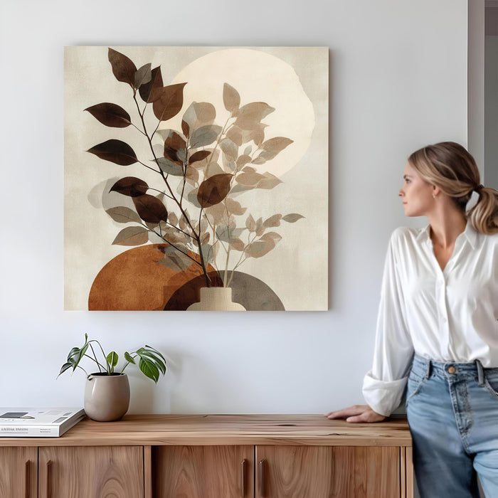 Abstract Botanical Leaf Stretched Canvas Wall Art Painting For Living Room, Modern Minimalist Earth Tone Painting, Boho Japandi Home Decor for Living Room, Bedroom & Office (56xx56 cm)