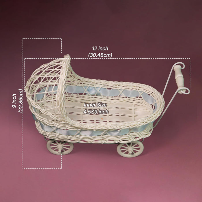 Gift Hamper Wicker Trolley, Mini Doll Stroller Shape Flower Basket/Gift Presenter, Organizer for Home and Table Décor (9x12 Inch)